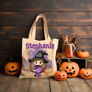 Women's Personalized Halloween Witch Tote Bag Size 15x16 in Cotton Treat Bag